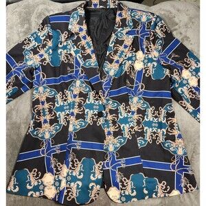 Baroque Print SIlky Blazer Black Blue Gold Shoulder Pads Dramatic Ornate  2XL